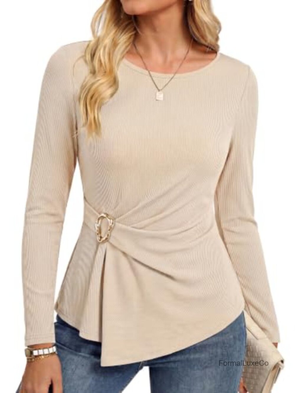 Womens Ribbed Knit Peplum Blouse Long Sleeve Dressy Casual Work Top